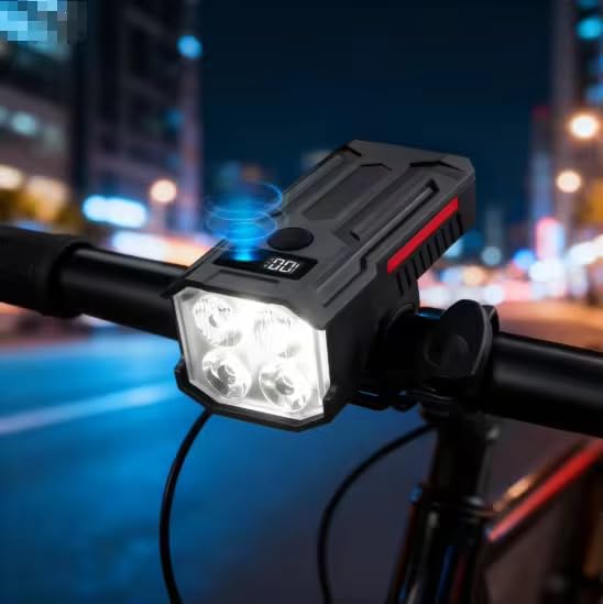 Lista Rechargeable Solar Powered Bicycle Front Light with Horn, USB Type-C Fast Charging, 10 Lighting Modes, LED Headlight, Waterproof (500LM)