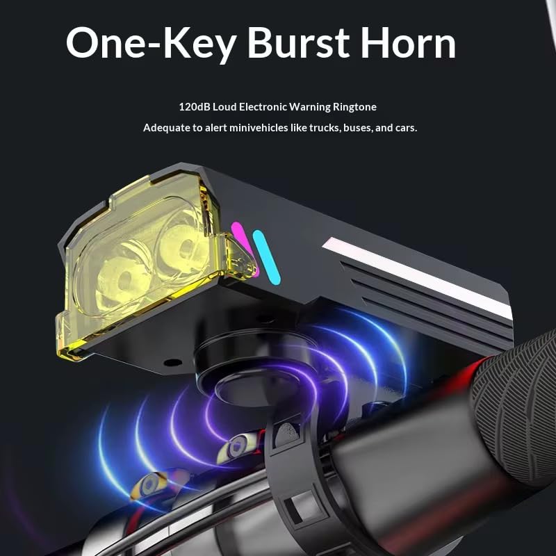 Lista Rechargeable Bicycle Headlight & Wireless Remote Control Tail Light Combo with Horn, Dual Beam White/Yellow Light, USB Charging, LCD Display, 120dB Loud Horn for Cycling Safety