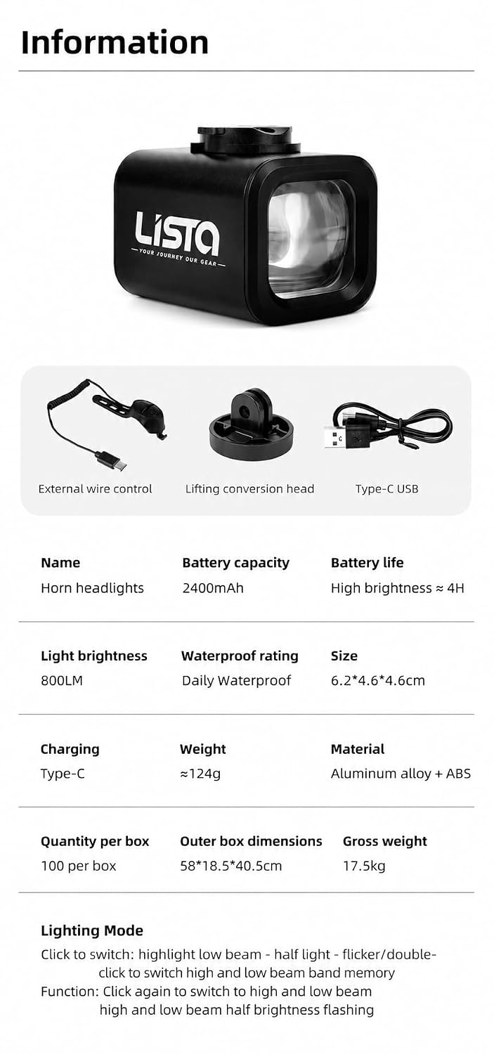 Lista 800 Lumens Bicycle Headlight with Cutoff Beam & Remote Control, USB Rechargeable Bike Light, Waterproof Aluminum Alloy Front Light with Horn, Long Range Night Riding Safety Light