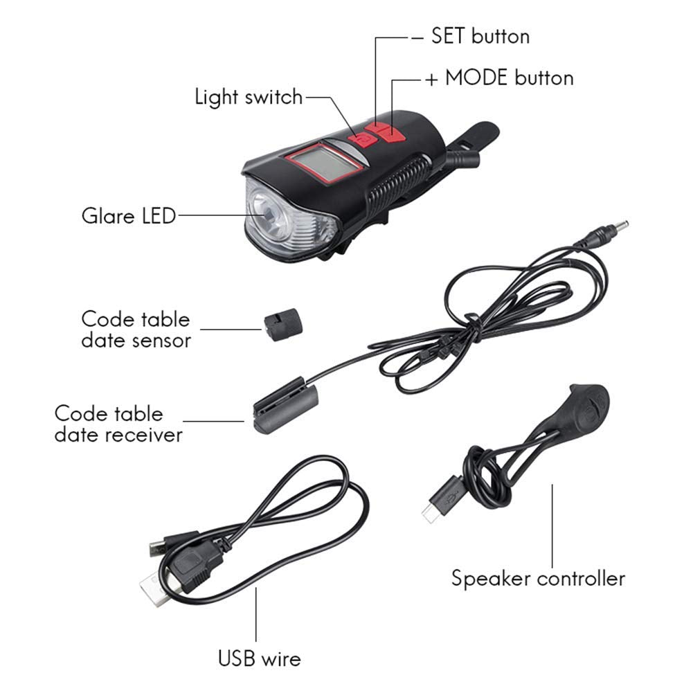Lista USB Rechargeable LED Bicycle Front Light, Bike Speedometer Odometer, Bicycle Horn Loud, 3 in 1 Bike Headlight with LCD Display Mountain Bike Cycling Accessories