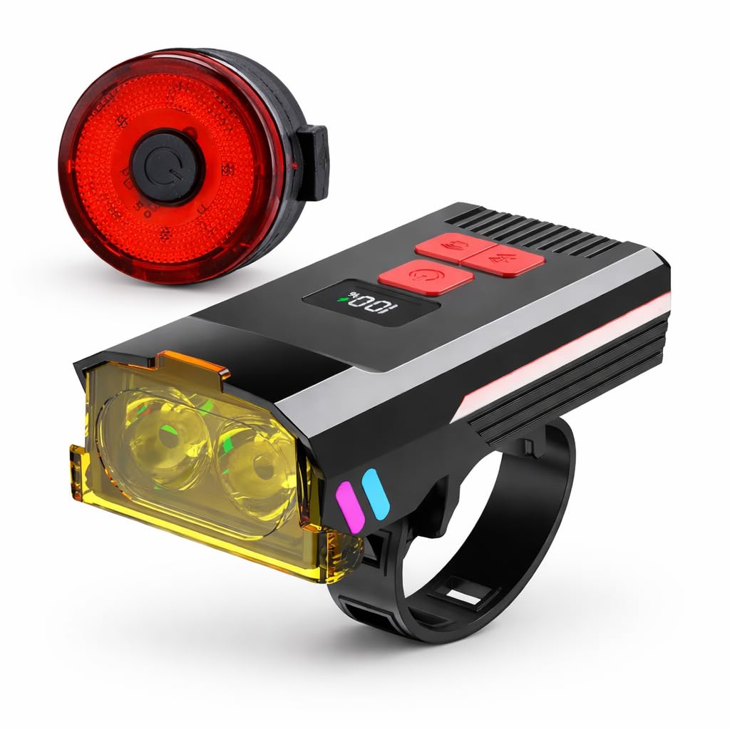 Lista Rechargeable Bicycle Headlight & Wireless Remote Control Tail Light Combo with Horn, Dual Beam White/Yellow Light, USB Charging, LCD Display, 120dB Loud Horn for Cycling Safety