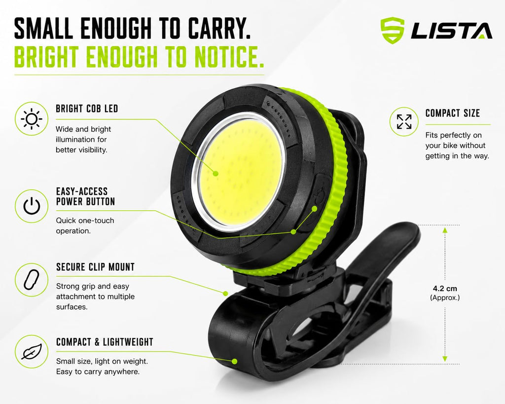 LISTA COB LED Cycle Headlight, USB Rechargeable Bicycle Light with White & Red Light, Clip-On Bike Light for Front & Rear, Cycling, White & Red Light Modes, Front & Rear Use, Handlebar Clip Mount