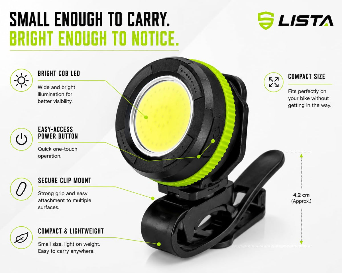 LISTA COB LED Cycle Headlight, USB Rechargeable Bicycle Light with White & Red Light, Clip-On Bike Light for Front & Rear, Cycling, White & Red Light Modes, Front & Rear Use, Handlebar Clip Mount