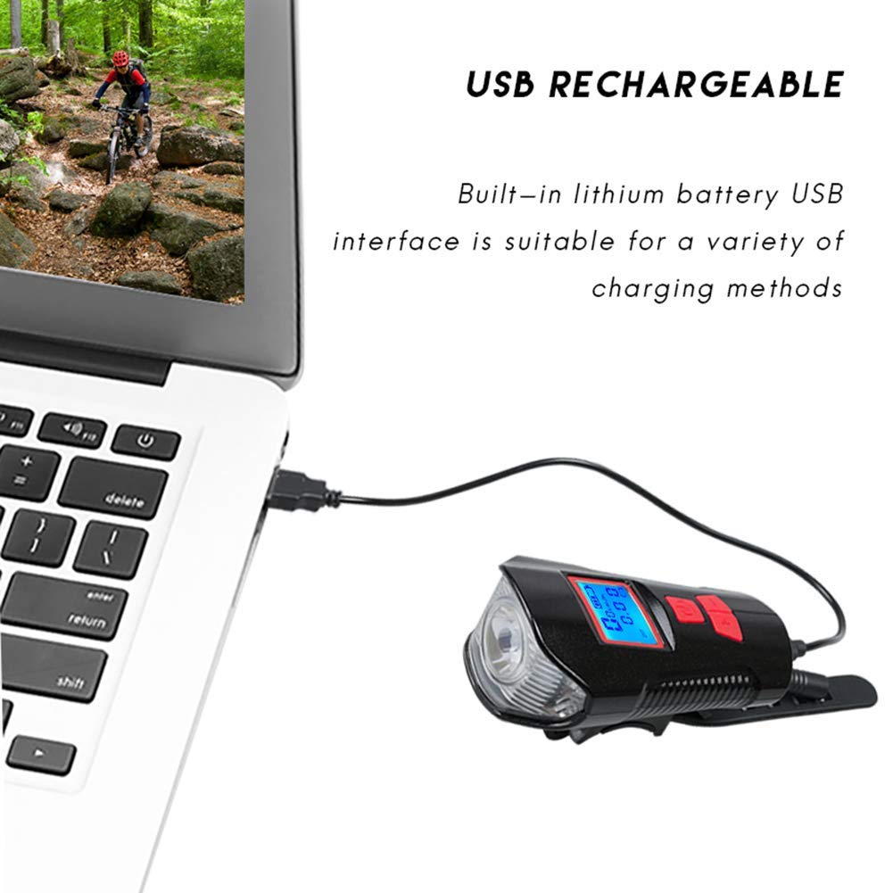 Lista USB Rechargeable LED Bicycle Front Light, Bike Speedometer Odometer, Bicycle Horn Loud, 3 in 1 Bike Headlight with LCD Display Mountain Bike Cycling Accessories