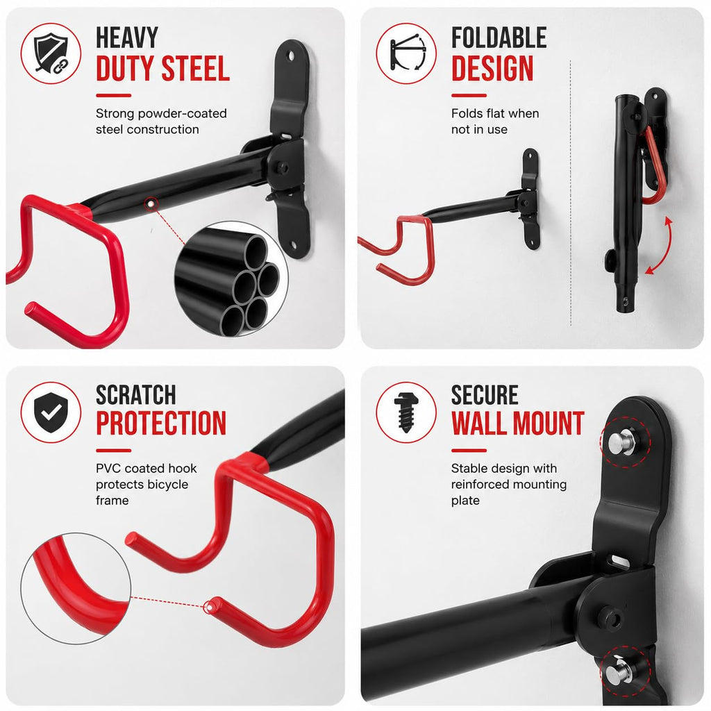 Bike Wall Mount Hanger, Heavy Duty Foldable Bicycle Wall Storage Rack, Space Saving Cycle Holder for Garage, Home & Apartment, Fits Mountain, Road, Hybrid & Kids Bikes