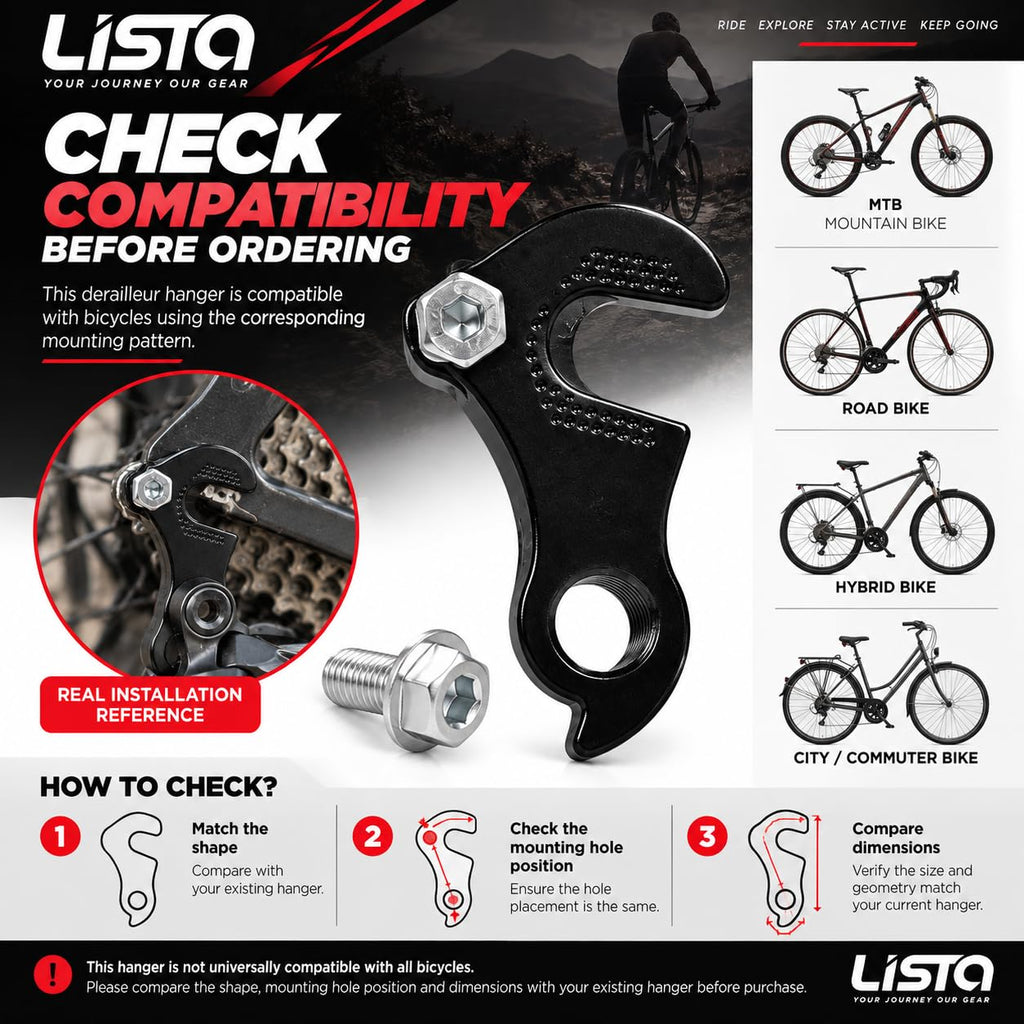 LISTA Bicycle Rear Derailleur Hanger, Universal Gear Derailleur Mounting Bracket Durable Alloy Bike Rear Mech Hanger for MTB, Road & Hybrid Cycles