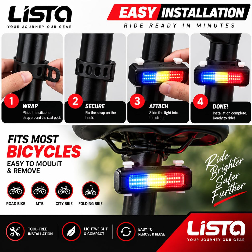 Lista Ultra Bright Bike Light USB Bicycle Tail Light 7 Modes High Intensity Rear LED Accessories Fits On Any Road Bikes & Helmet, for Cycling Safety Flashlight