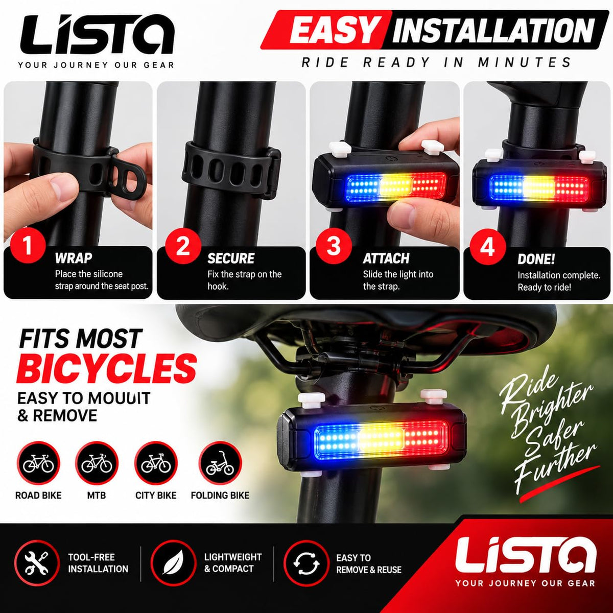 Lista Ultra Bright Bike Light USB Bicycle Tail Light 7 Modes High Intensity Rear LED Accessories Fits On Any Road Bikes & Helmet, for Cycling Safety Flashlight