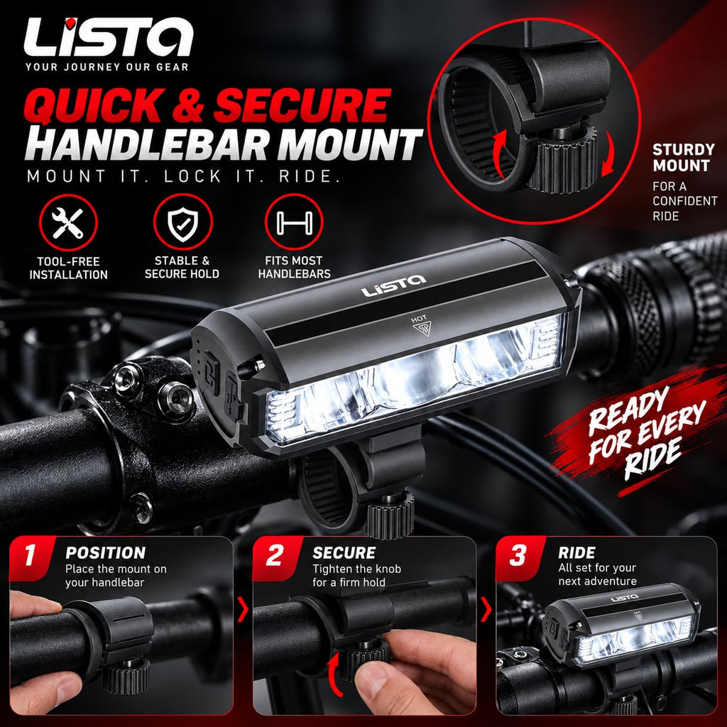 Lista Super Bright Bicycle Light | 1800 Lumen USB Rechargeable Bicycle Light | Aluminum Alloy Front Cycling Light with 4 Modes | IPX4 Waterproof & Durable Bicycle Headlamp for Road & Mountain Biking