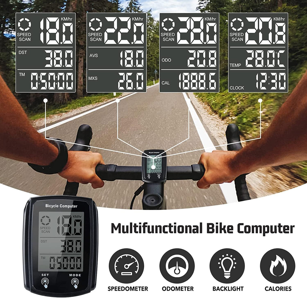 Lista Wired Bicycle Computer,MPH KM/H Bicycle Computer,Digital LCD Backlight Display Bike Speedometer,Universal 19 Functions IP54 Waterproof Bicycle Speedometer