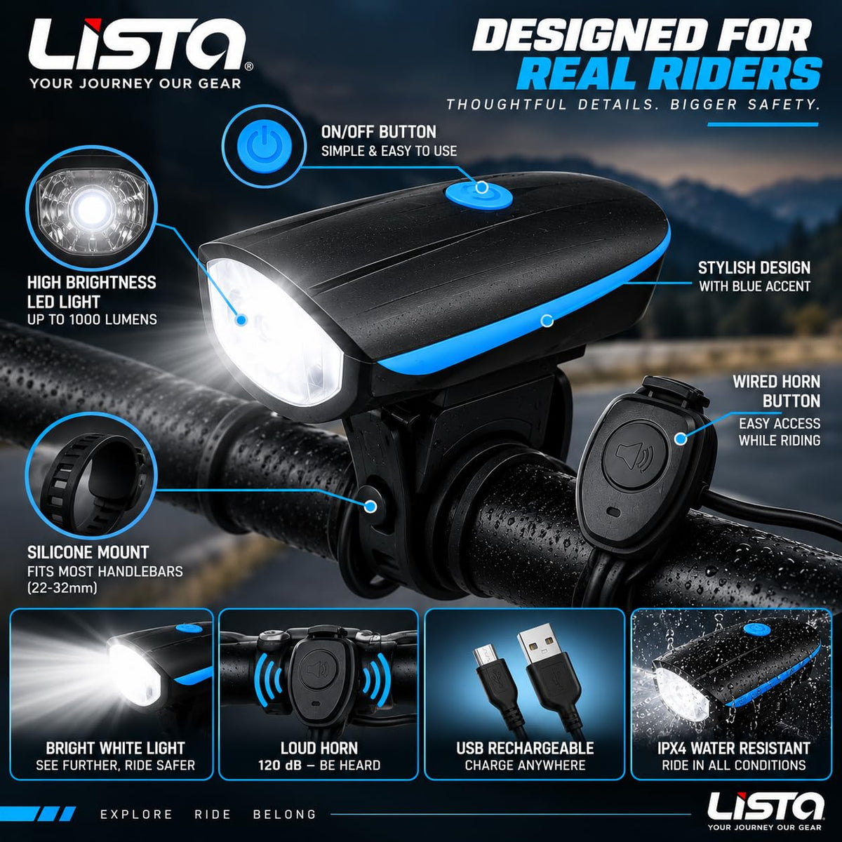 Lista Cycle Horn and Light 140 DB with Light 3 Modes Super Bright 250 lumens