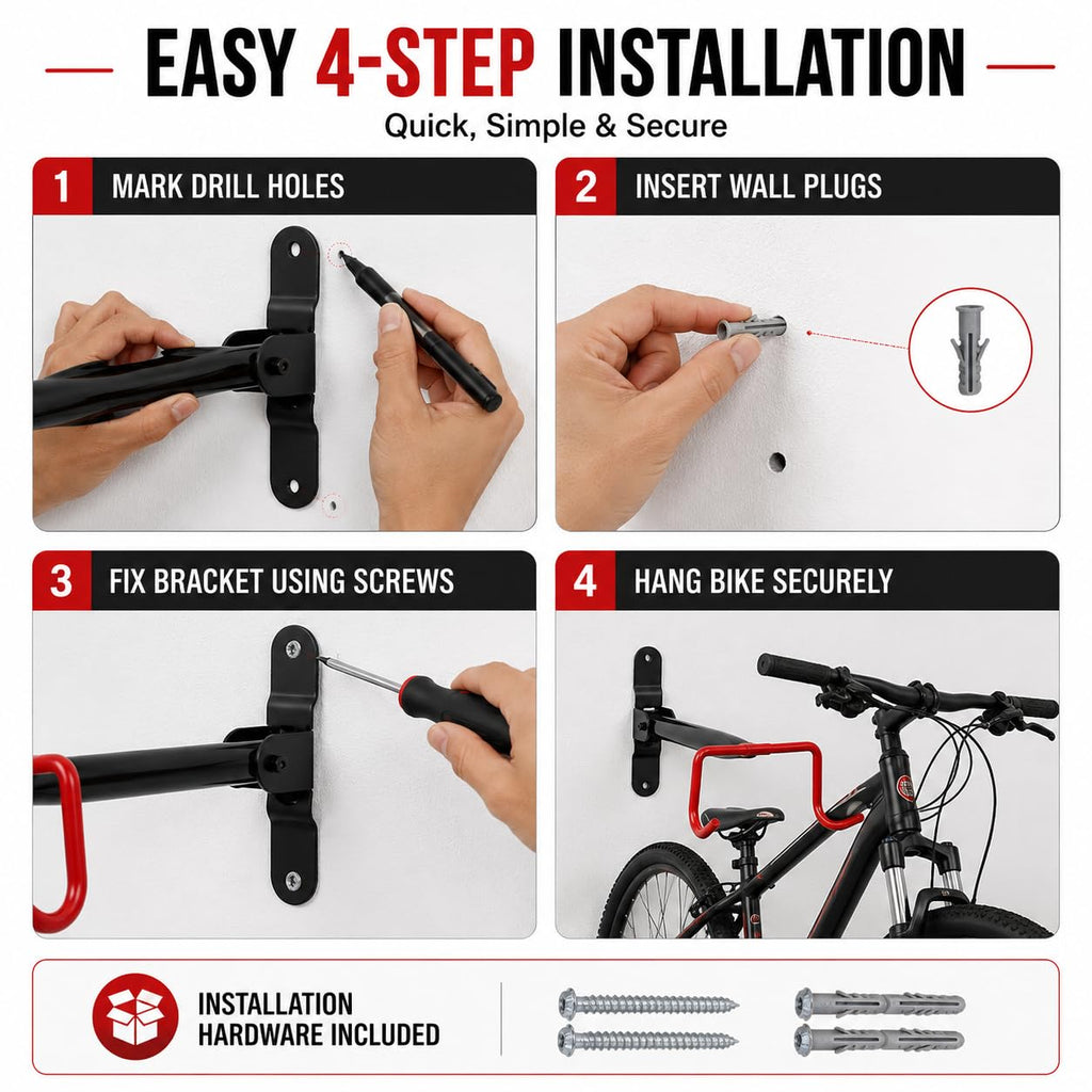 Bike Wall Mount Hanger, Heavy Duty Foldable Bicycle Wall Storage Rack, Space Saving Cycle Holder for Garage, Home & Apartment, Fits Mountain, Road, Hybrid & Kids Bikes