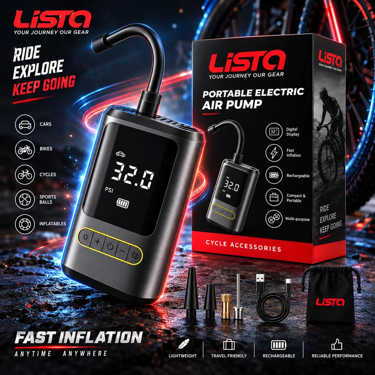 Lista Portable Tyre Inflator for Cars, Bikes, Bicycles & Balls, 150 PSI Pressure, 2 X 2000mAh Battery, Digital Display, Pressure Detection, Auto Cut-Off, Type-C Charging, SOS Modes