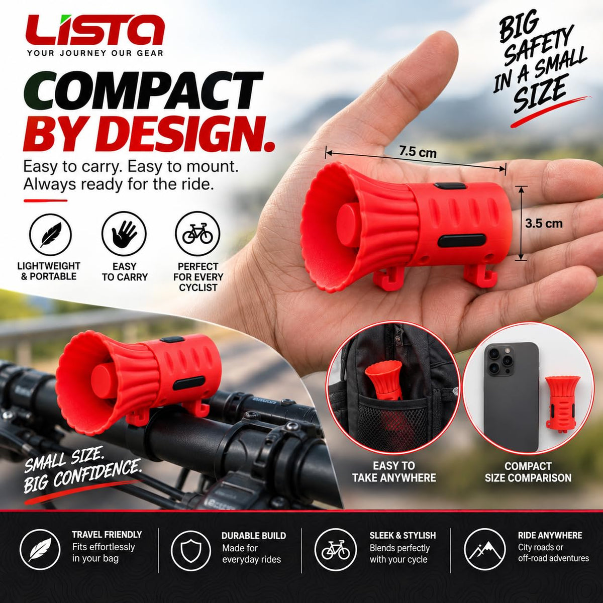LISTA Rechargeable Cycle Horn for Bicycle | USB Charging Electric Bike Horn | Loud & Clear Bicycle Bell with Easy Handlebar Mount | Compact Cycling Horn for Kids & Adults