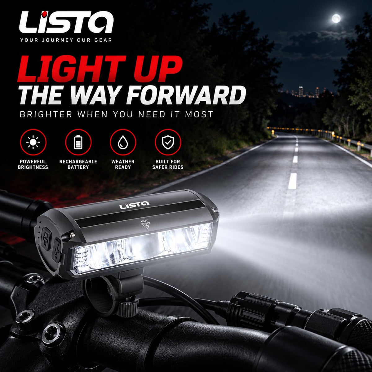 Lista Super Bright Bicycle Light | 1800 Lumen USB Rechargeable Bicycle Light | Aluminum Alloy Front Cycling Light with 4 Modes | IPX4 Waterproof & Durable Bicycle Headlamp for Road & Mountain Biking