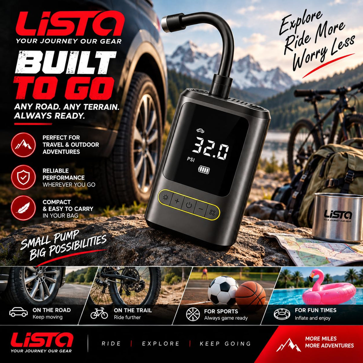 Lista Portable Tyre Inflator for Cars, Bikes, Bicycles & Balls, 150 PSI Pressure, 2 X 2000mAh Battery, Digital Display, Pressure Detection, Auto Cut-Off, Type-C Charging, SOS Modes