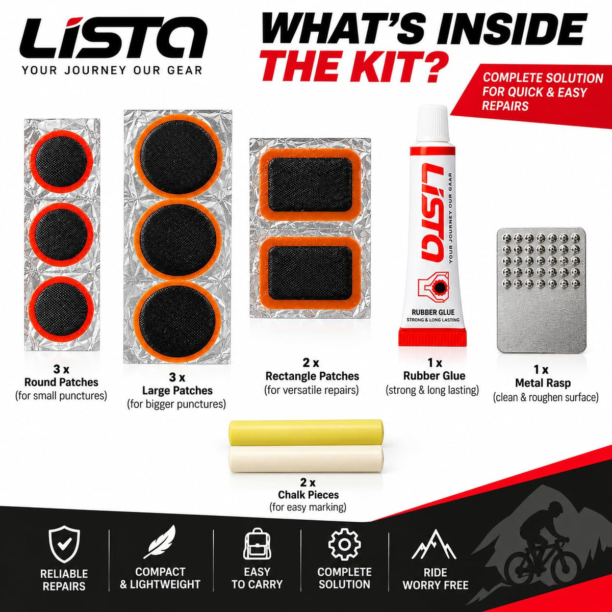 Lista Bicycle Tyre Puncture Repair Kit Includes Patch Glue, Round & Rect Patches, Metal Scraper Included, Flat Tyre Fix, Complete Repair Set