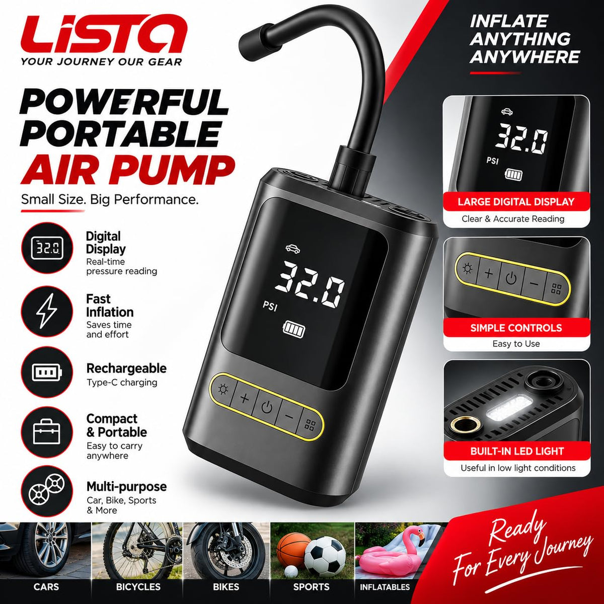 Lista Portable Tyre Inflator for Cars, Bikes, Bicycles & Balls, 150 PSI Pressure, 2 X 2000mAh Battery, Digital Display, Pressure Detection, Auto Cut-Off, Type-C Charging, SOS Modes