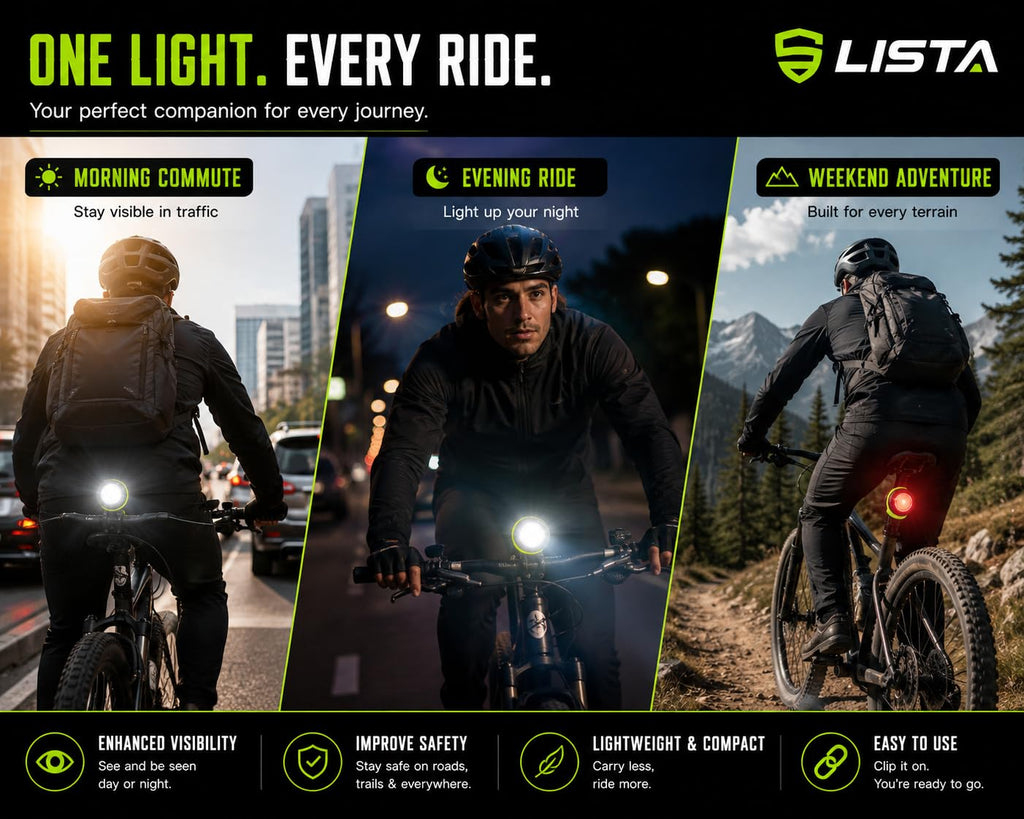 LISTA COB LED Cycle Headlight, USB Rechargeable Bicycle Light with White & Red Light, Clip-On Bike Light for Front & Rear, Cycling, White & Red Light Modes, Front & Rear Use, Handlebar Clip Mount