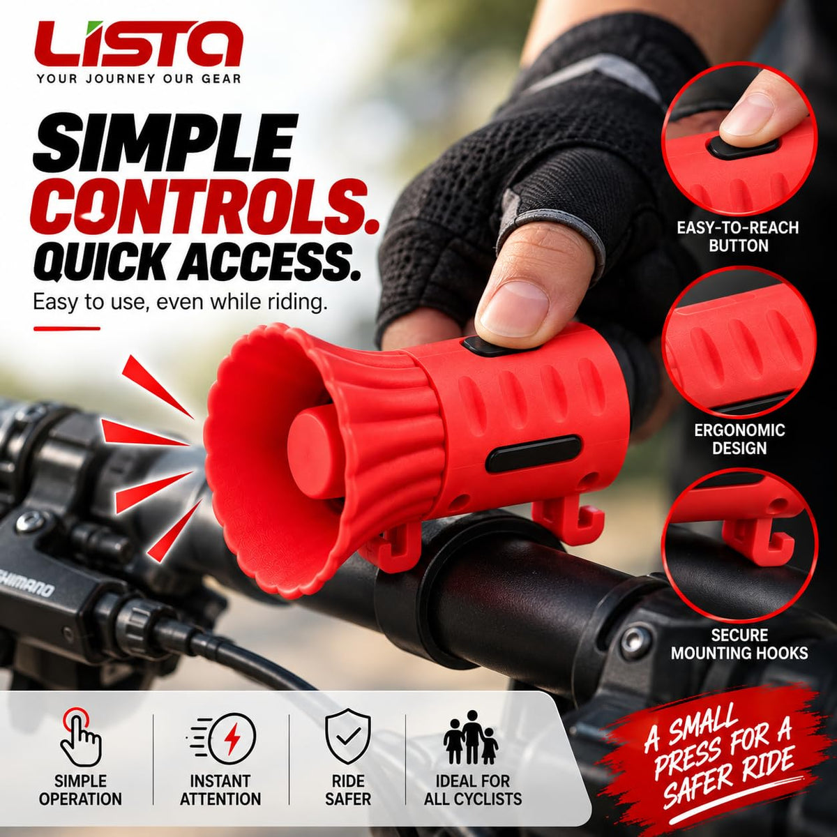 LISTA Rechargeable Cycle Horn for Bicycle | USB Charging Electric Bike Horn | Loud & Clear Bicycle Bell with Easy Handlebar Mount | Compact Cycling Horn for Kids & Adults