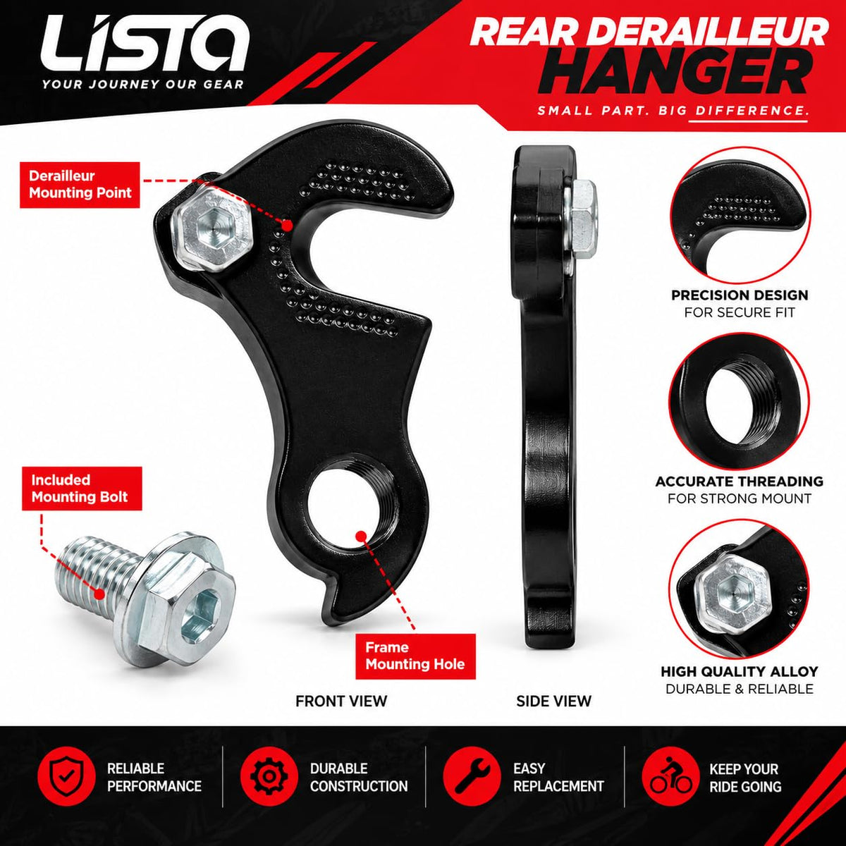 LISTA Bicycle Rear Derailleur Hanger, Universal Gear Derailleur Mounting Bracket Durable Alloy Bike Rear Mech Hanger for MTB, Road & Hybrid Cycles