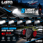 Lista Cycle Horn and Light 140 DB with Light 3 Modes Super Bright 250 lumens