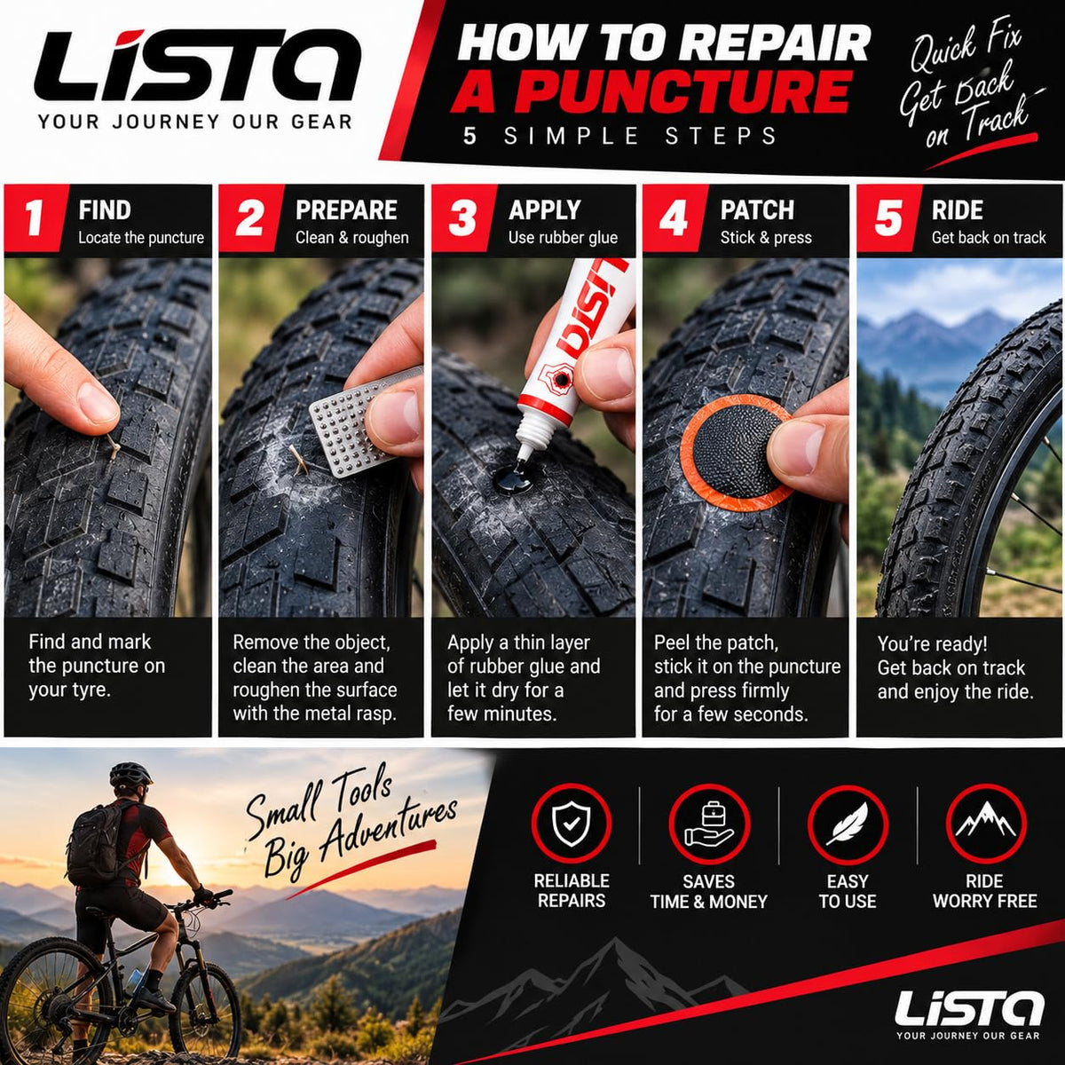 Lista Bicycle Tyre Puncture Repair Kit Includes Patch Glue, Round & Rect Patches, Metal Scraper Included, Flat Tyre Fix, Complete Repair Set