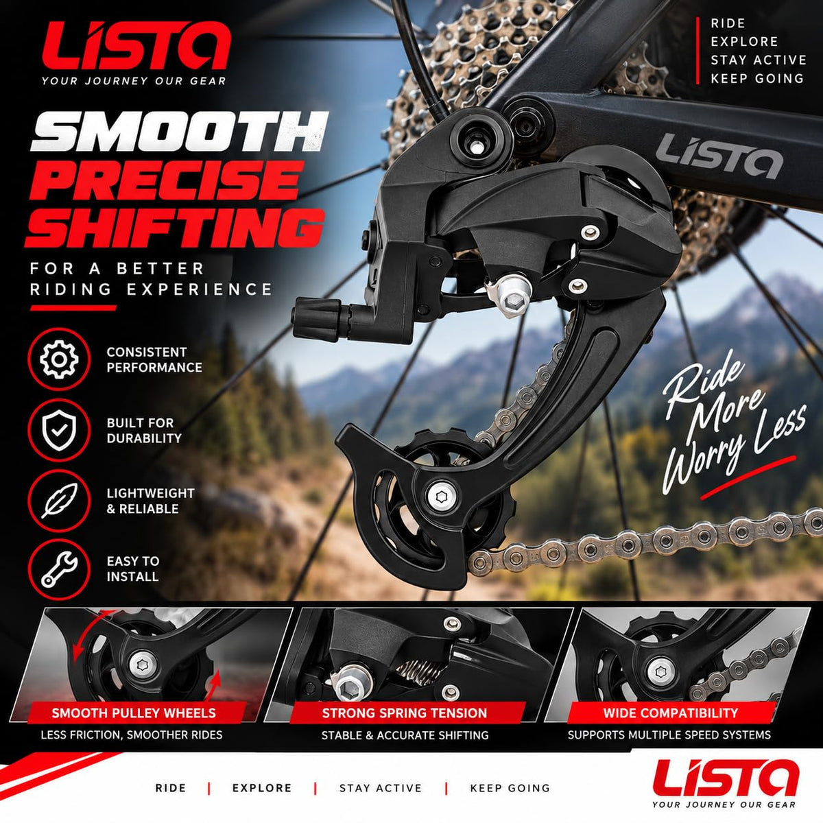 Lista Bicycle Rear Derailleur Direct Mount 6/7/8/9 Speed Mountain & Road Bike, 18/21/24/27 Speed, H/L Adjustment Screws, Universal Compatibility, Direct Mount Install