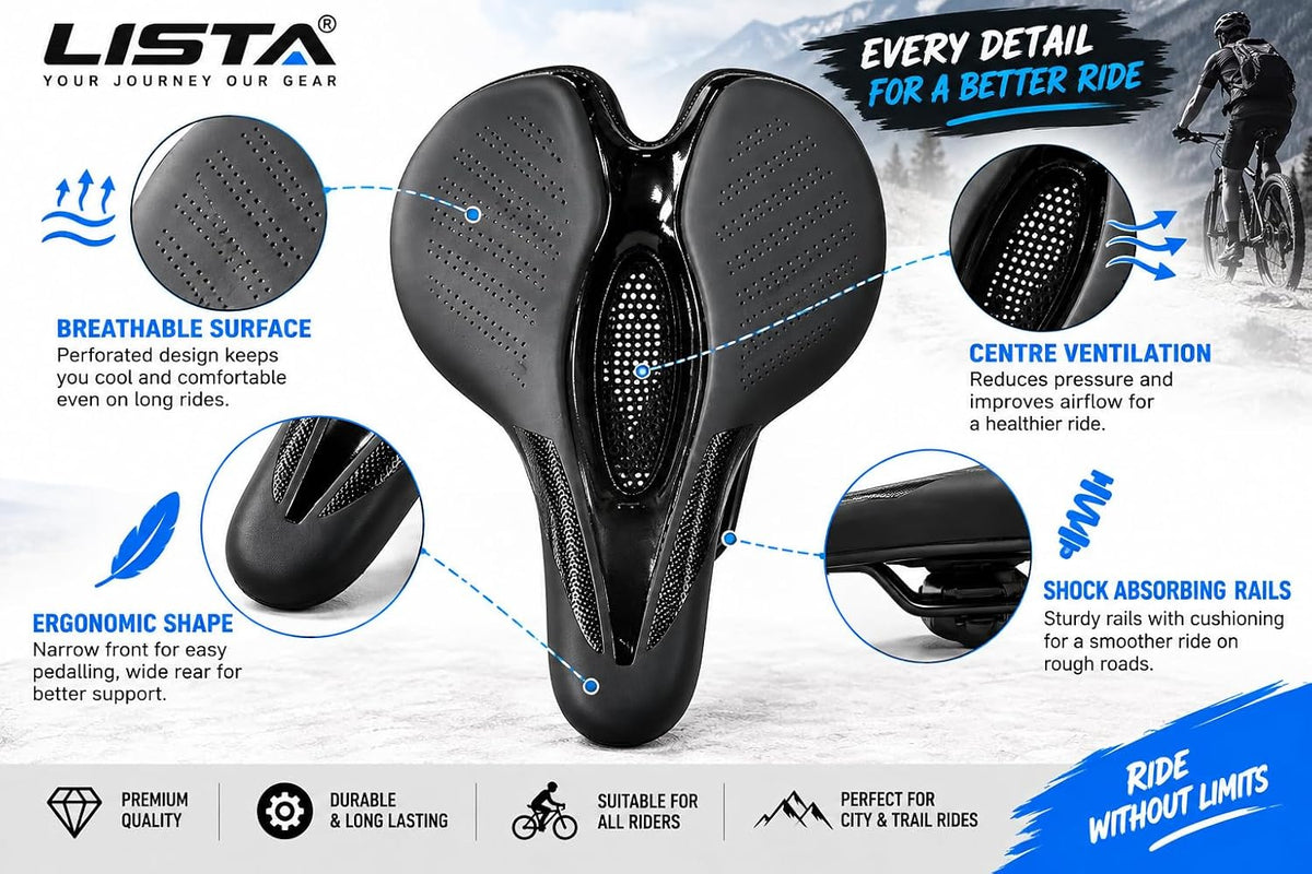 Premium Gel Bicycle Seat Cushion – Ergonomic Silicone MTB & Road Bike Saddle with Hollow Vent Design, Shock-Absorbing, Soft & Comfortable Cycling Seat with Reflective Strip (Black)