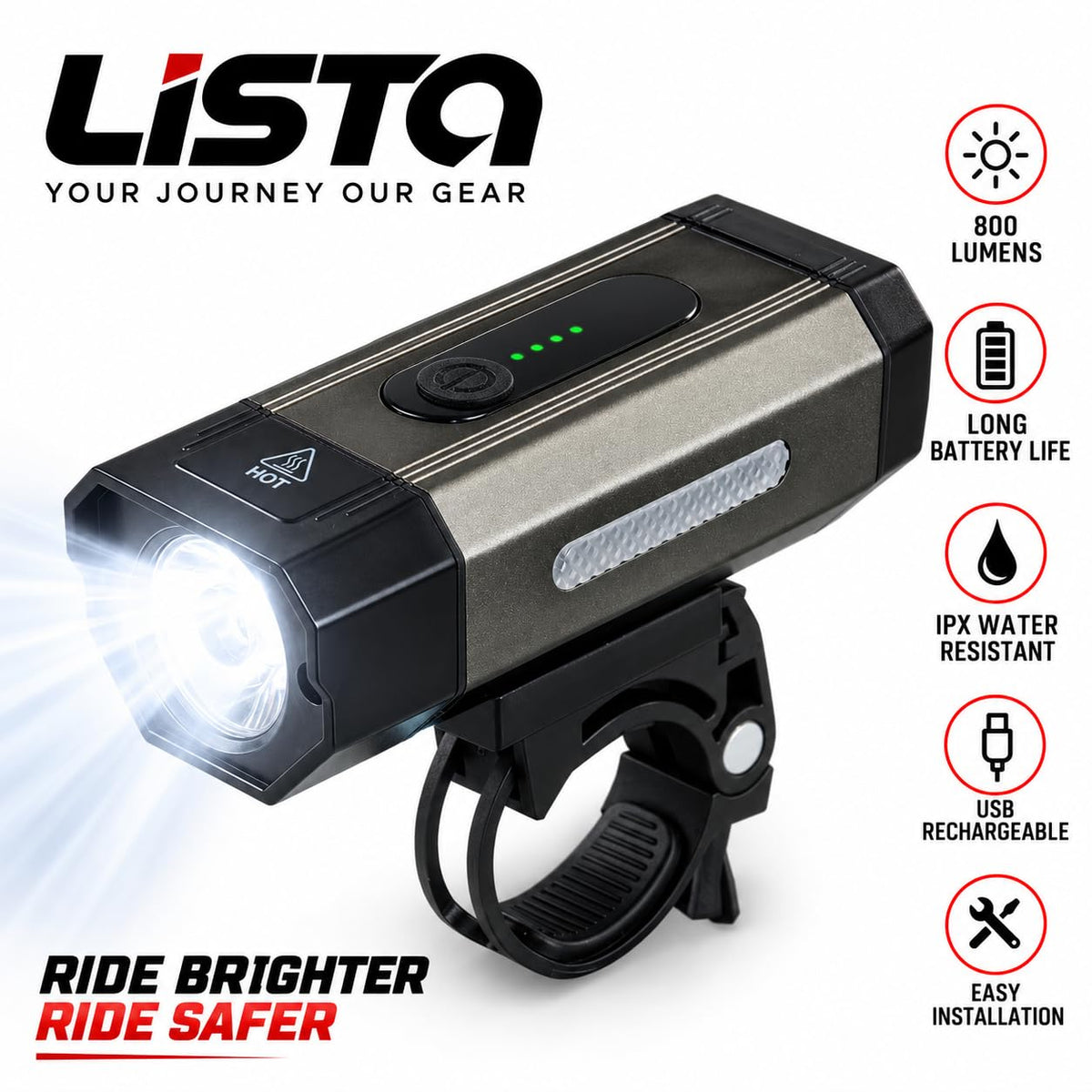 Lista Waterproof Rechargeable USB Charging Cycle Front LED Light Adjustable Mout Headligh