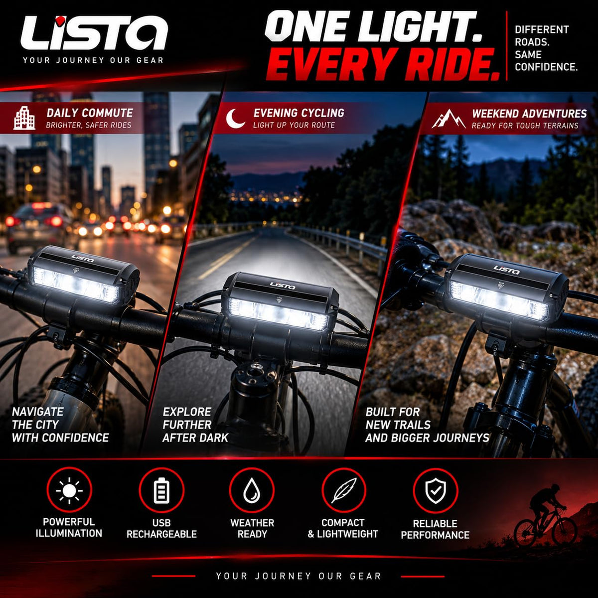 Lista Super Bright Bicycle Light | 1800 Lumen USB Rechargeable Bicycle Light | Aluminum Alloy Front Cycling Light with 4 Modes | IPX4 Waterproof & Durable Bicycle Headlamp for Road & Mountain Biking