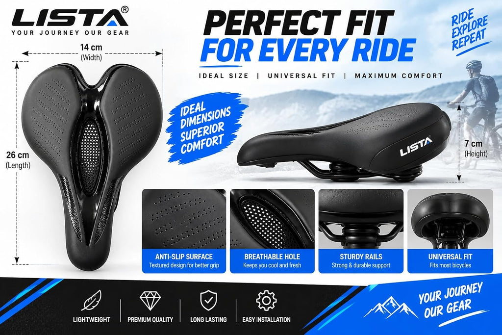 Premium Gel Bicycle Seat Cushion – Ergonomic Silicone MTB & Road Bike Saddle with Hollow Vent Design, Shock-Absorbing, Soft & Comfortable Cycling Seat with Reflective Strip (Black)