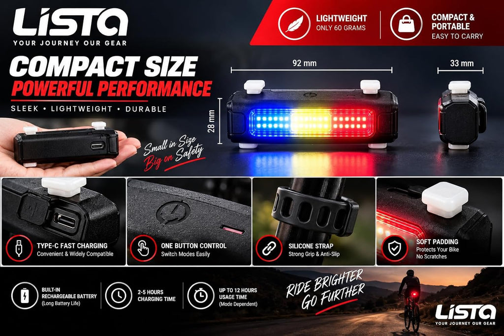 Lista Ultra Bright Bike Light USB Bicycle Tail Light 7 Modes High Intensity Rear LED Accessories Fits On Any Road Bikes & Helmet, for Cycling Safety Flashlight