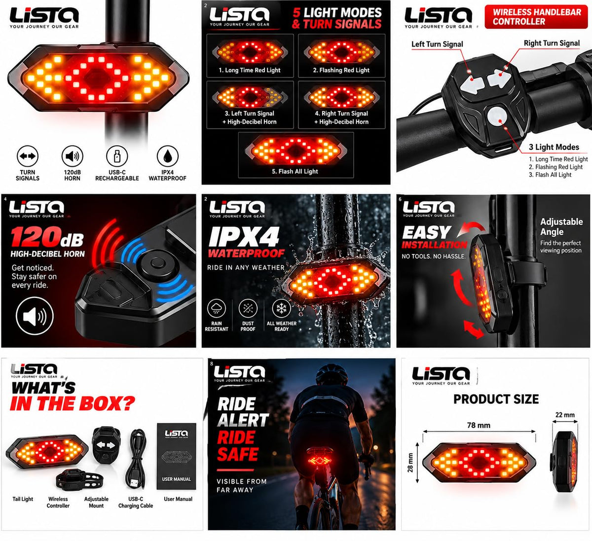 Lista Bicycle Tail Light USB Rechargable Smart Wireless Remote Control Turn Signal Warning Lamp Bike Taillight