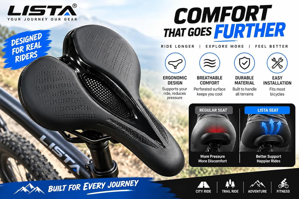 Premium Gel Bicycle Seat Cushion – Ergonomic Silicone MTB & Road Bike Saddle with Hollow Vent Design, Shock-Absorbing, Soft & Comfortable Cycling Seat with Reflective Strip (Black)