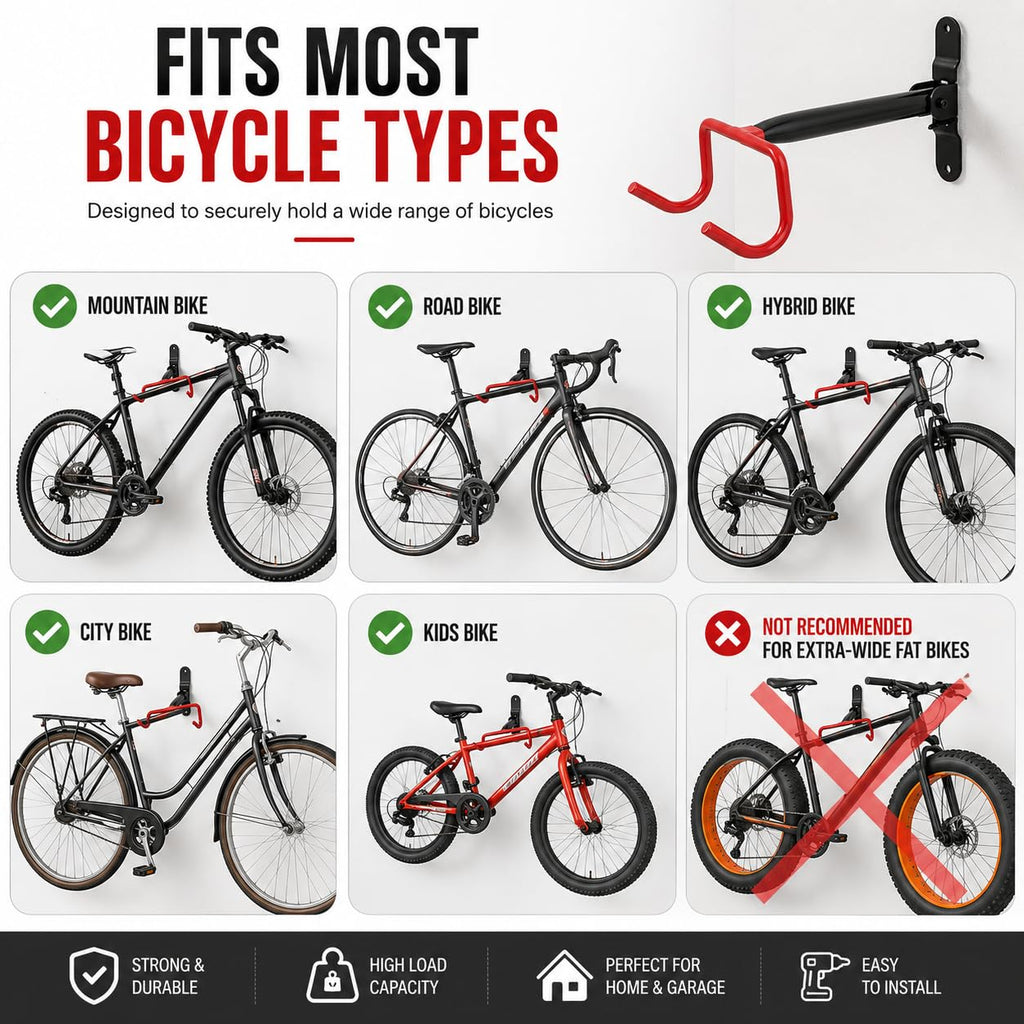Bike Wall Mount Hanger, Heavy Duty Foldable Bicycle Wall Storage Rack, Space Saving Cycle Holder for Garage, Home & Apartment, Fits Mountain, Road, Hybrid & Kids Bikes