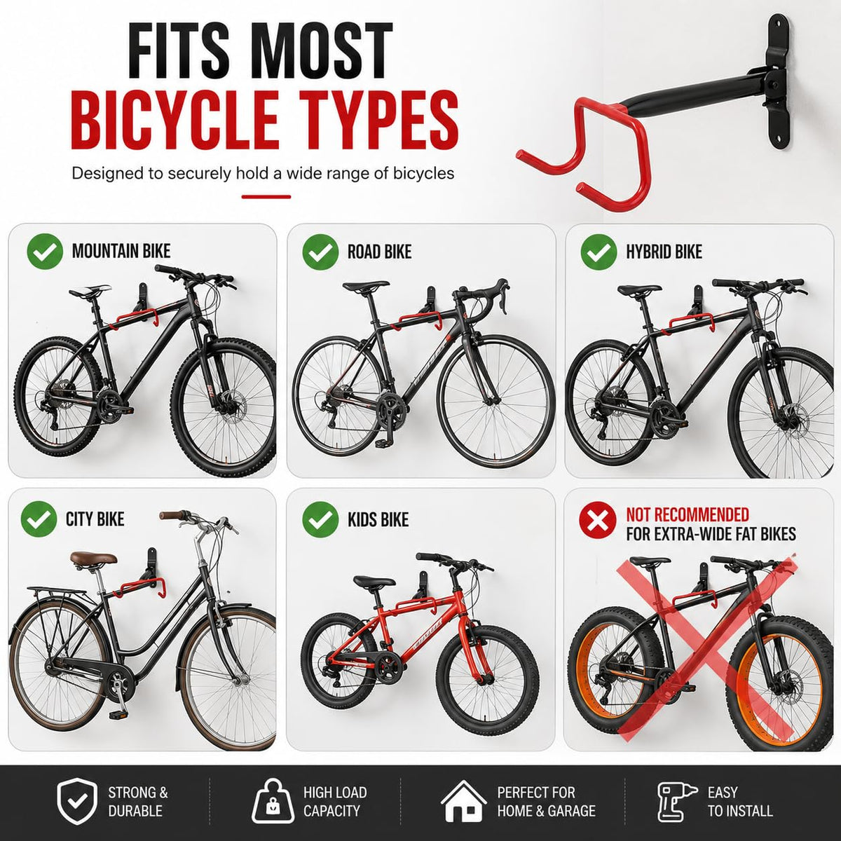 Bike Wall Mount Hanger, Heavy Duty Foldable Bicycle Wall Storage Rack, Space Saving Cycle Holder for Garage, Home & Apartment, Fits Mountain, Road, Hybrid & Kids Bikes