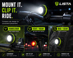 LISTA COB LED Cycle Headlight, USB Rechargeable Bicycle Light with White & Red Light, Clip-On Bike Light for Front & Rear, Cycling, White & Red Light Modes, Front & Rear Use, Handlebar Clip Mount