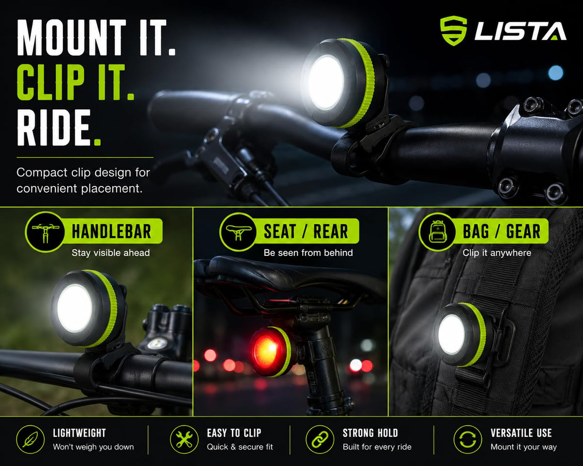 LISTA COB LED Cycle Headlight, USB Rechargeable Bicycle Light with White & Red Light, Clip-On Bike Light for Front & Rear, Cycling, White & Red Light Modes, Front & Rear Use, Handlebar Clip Mount