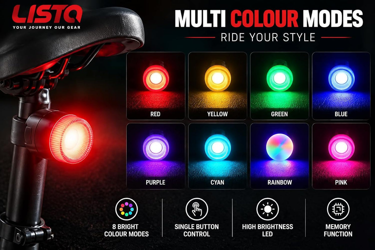 Lista Safety Warning Light, Night Riding, Hat & Backpack Clip, Multi-Use Flashlight, Bicycle Rear Light 7 Colour Modes, USB Rechargeable, Hat & Backpack Clip, Multi-Use Flashlight, Compact & Portable
