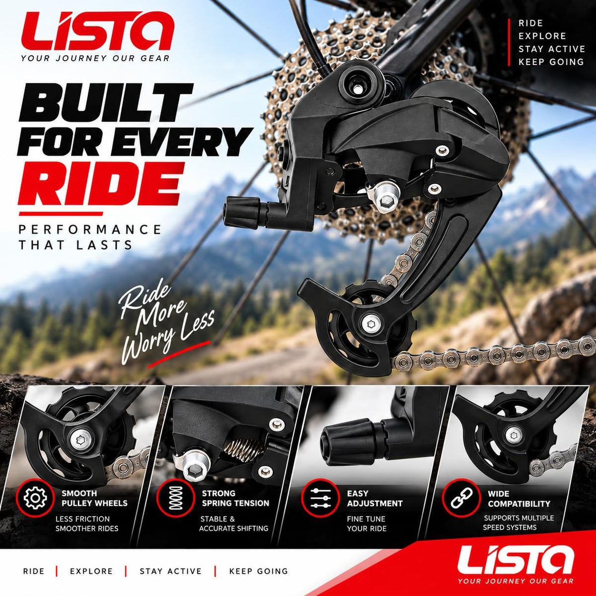 Lista Bicycle Rear Derailleur Direct Mount 6/7/8/9 Speed Mountain & Road Bike, 18/21/24/27 Speed, H/L Adjustment Screws, Universal Compatibility, Direct Mount Install
