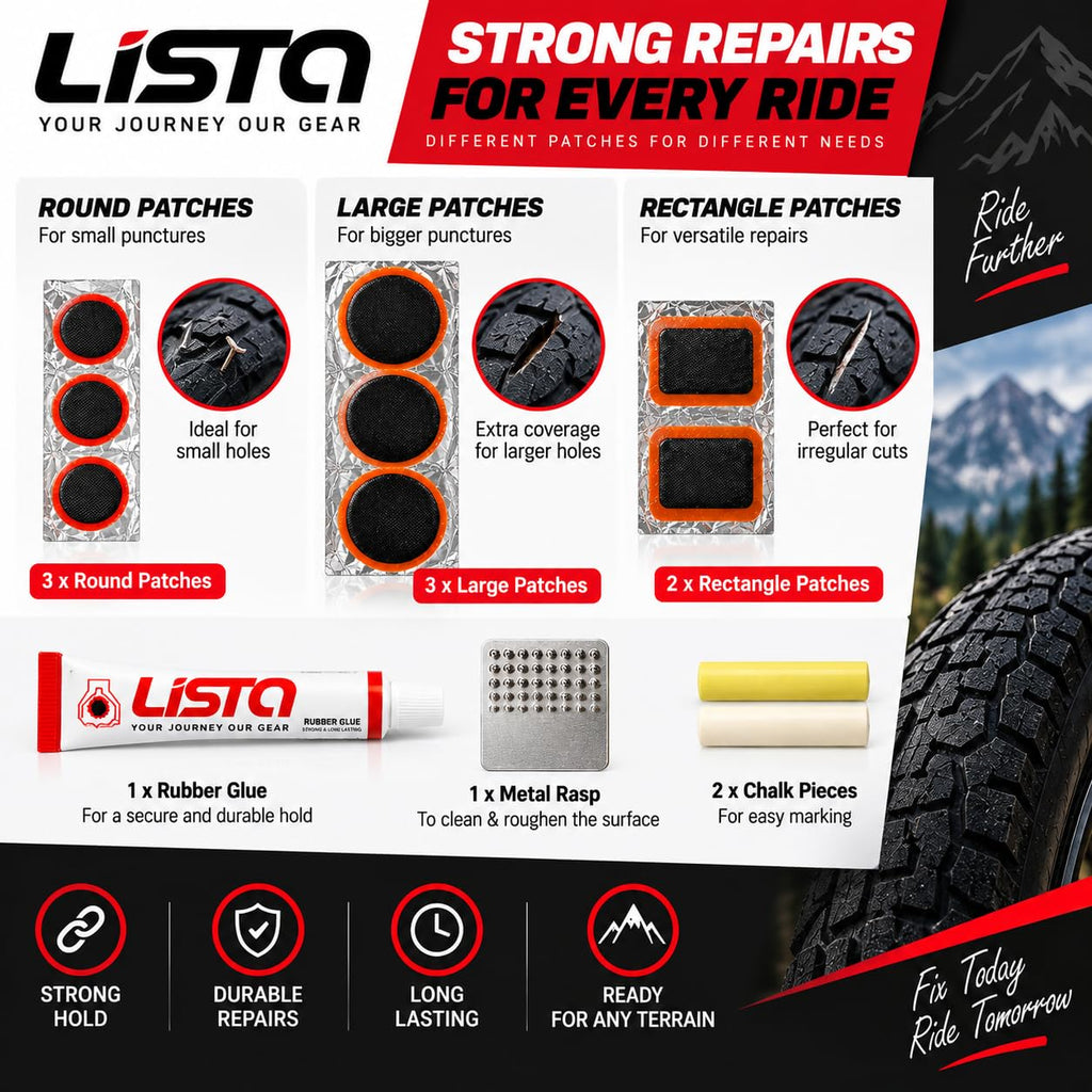 Lista Bicycle Tyre Puncture Repair Kit Includes Patch Glue, Round & Rect Patches, Metal Scraper Included, Flat Tyre Fix, Complete Repair Set
