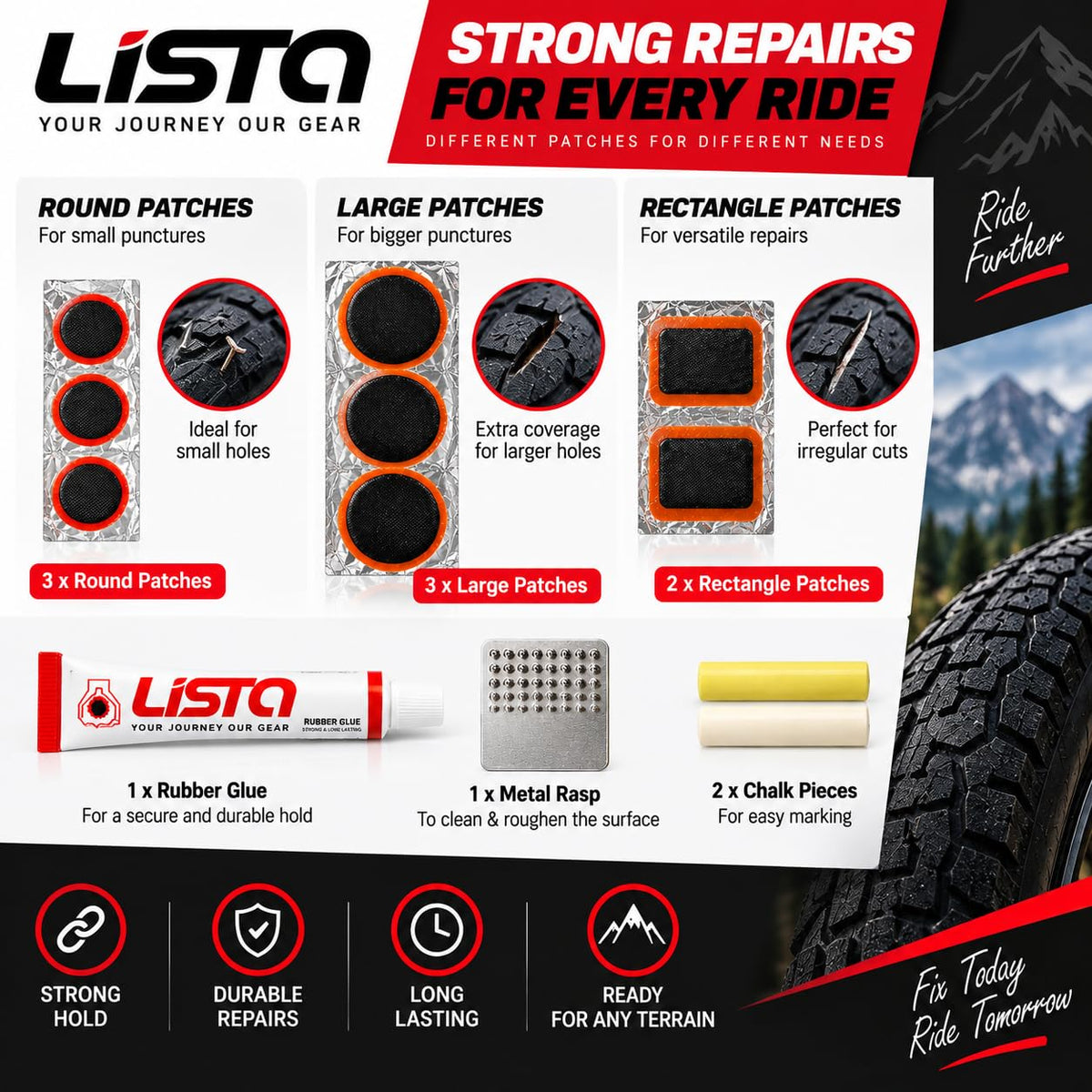Lista Bicycle Tyre Puncture Repair Kit Includes Patch Glue, Round & Rect Patches, Metal Scraper Included, Flat Tyre Fix, Complete Repair Set