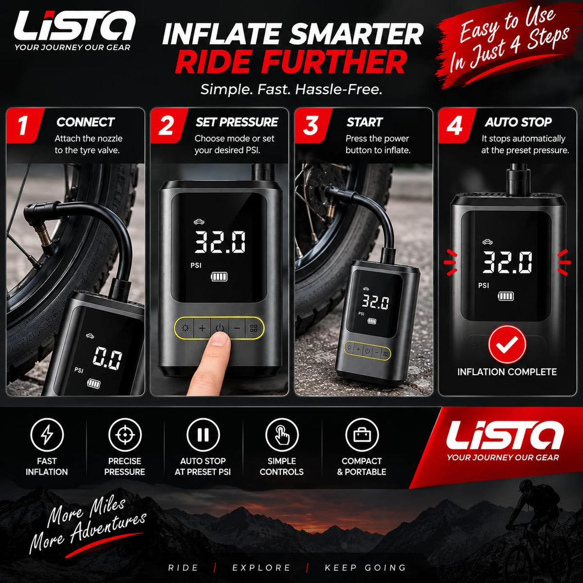 Lista Portable Tyre Inflator for Cars, Bikes, Bicycles & Balls, 150 PSI Pressure, 2 X 2000mAh Battery, Digital Display, Pressure Detection, Auto Cut-Off, Type-C Charging, SOS Modes