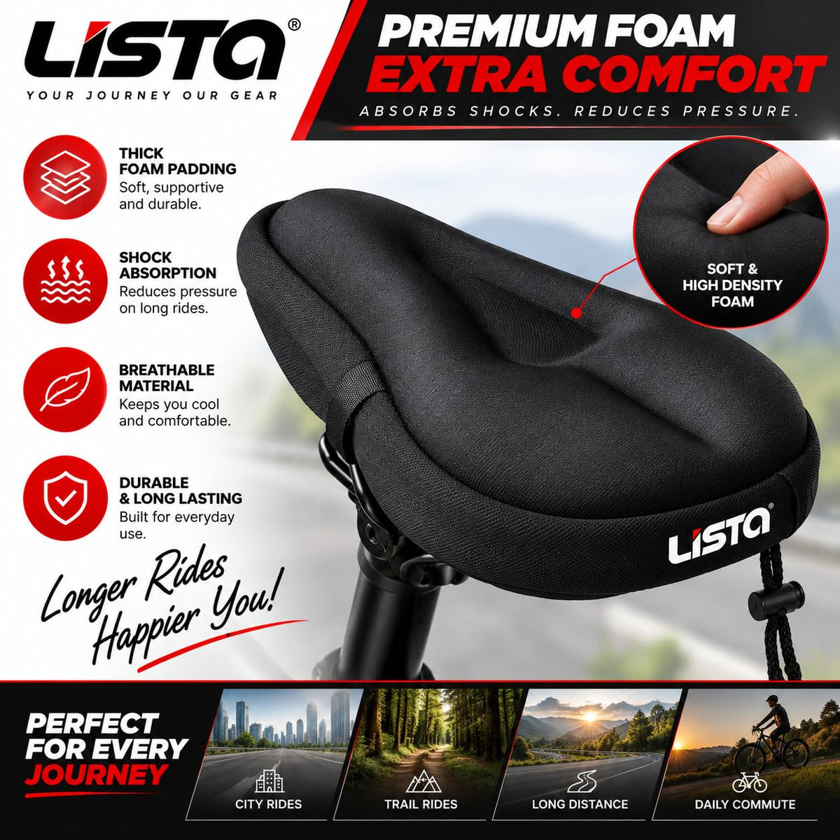 Lista Lista002 Bicycle FOAM Saddle Seat and Cycling Cushion Pad Bike FOAM Cover