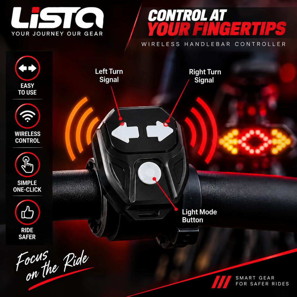 Lista Bicycle Tail Light USB Rechargable Smart Wireless Remote Control Turn Signal Warning Lamp Bike Taillight