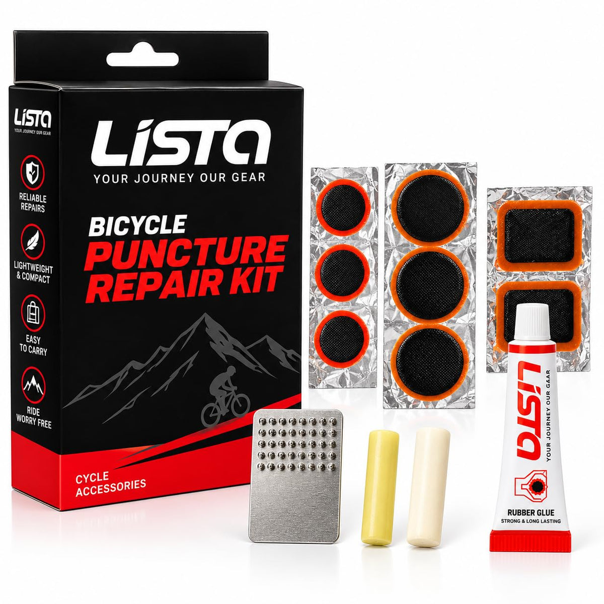 Lista Bicycle Tyre Puncture Repair Kit Includes Patch Glue, Round & Rect Patches, Metal Scraper Included, Flat Tyre Fix, Complete Repair Set