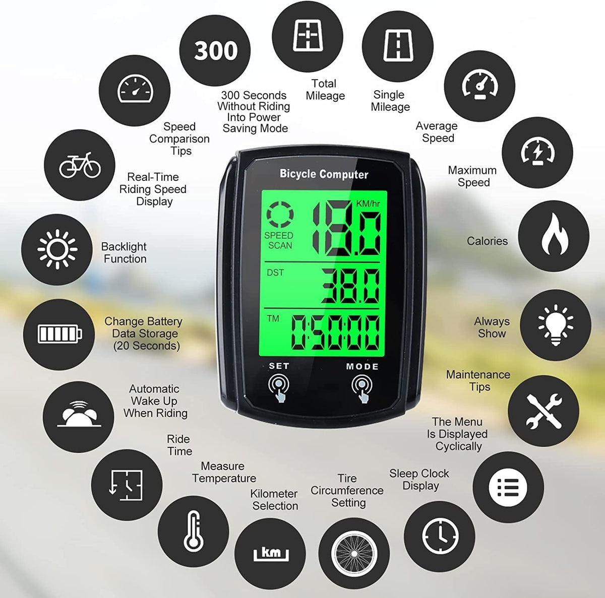Lista Wired Bicycle Computer,MPH KM/H Bicycle Computer,Digital LCD Backlight Display Bike Speedometer,Universal 19 Functions IP54 Waterproof Bicycle Speedometer