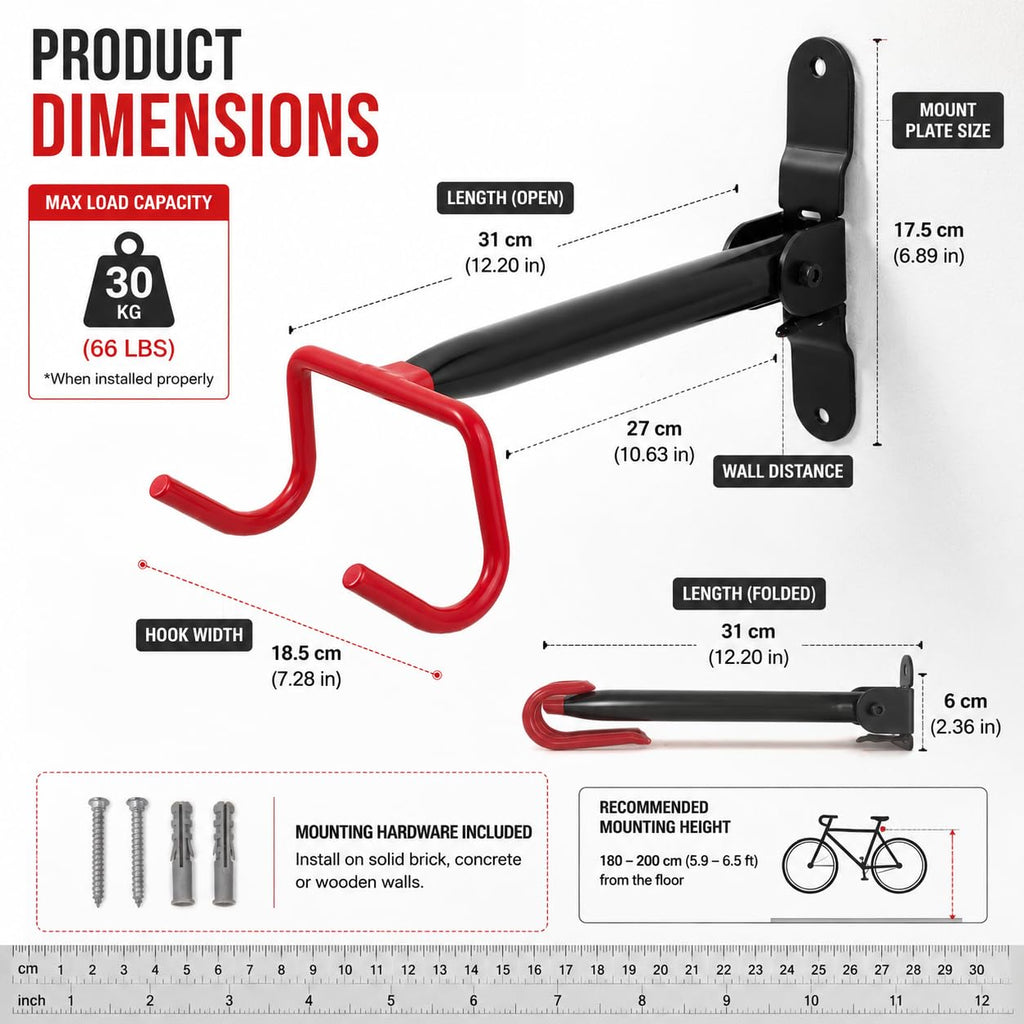 Bike Wall Mount Hanger, Heavy Duty Foldable Bicycle Wall Storage Rack, Space Saving Cycle Holder for Garage, Home & Apartment, Fits Mountain, Road, Hybrid & Kids Bikes