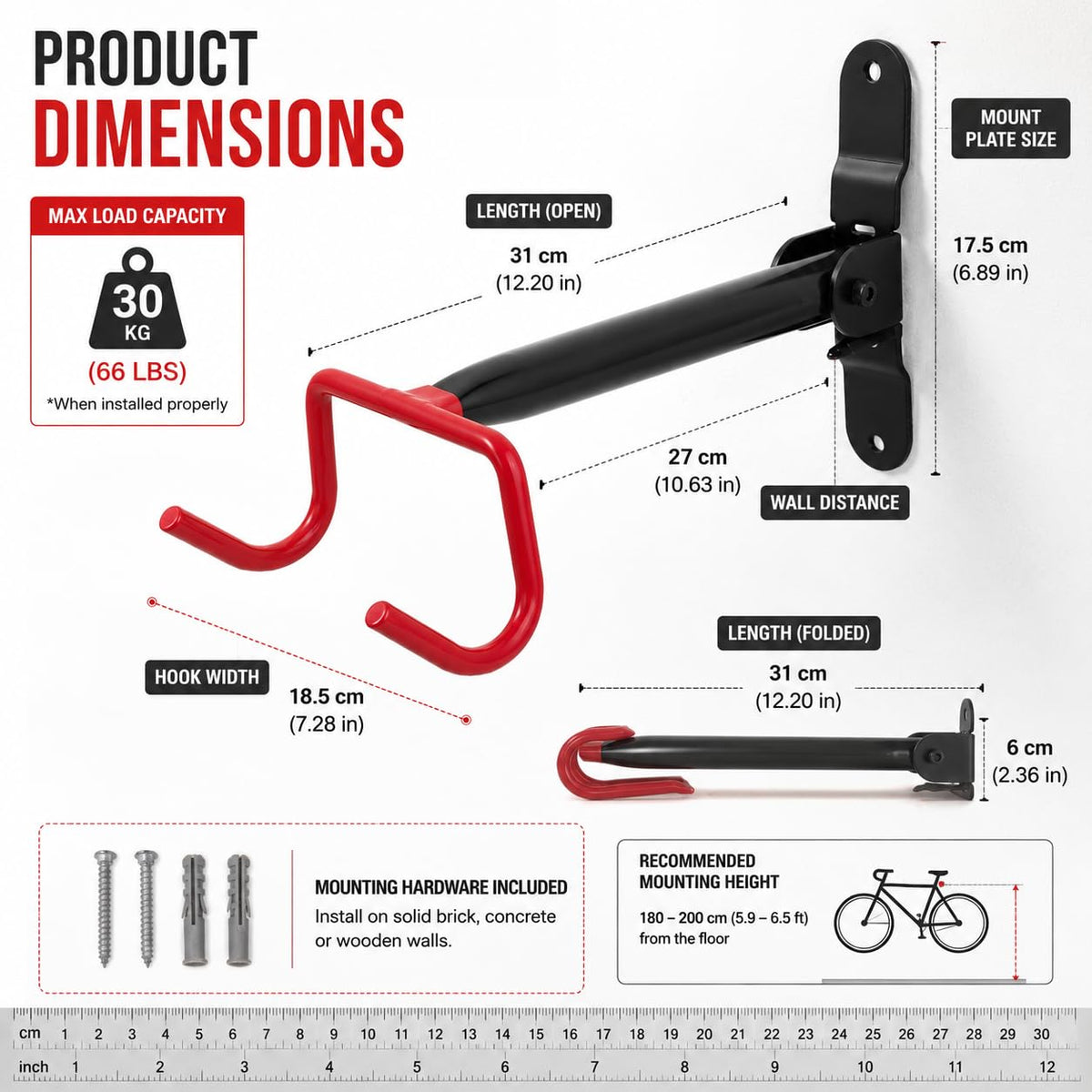 Bike Wall Mount Hanger, Heavy Duty Foldable Bicycle Wall Storage Rack, Space Saving Cycle Holder for Garage, Home & Apartment, Fits Mountain, Road, Hybrid & Kids Bikes